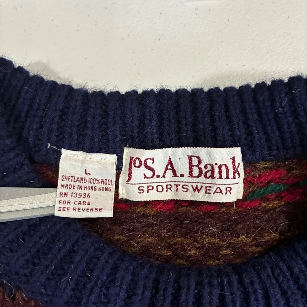 Vintage Jos A Bank Sweater Mens Large Shetland Wool Fair Isle Grandpa Preppy